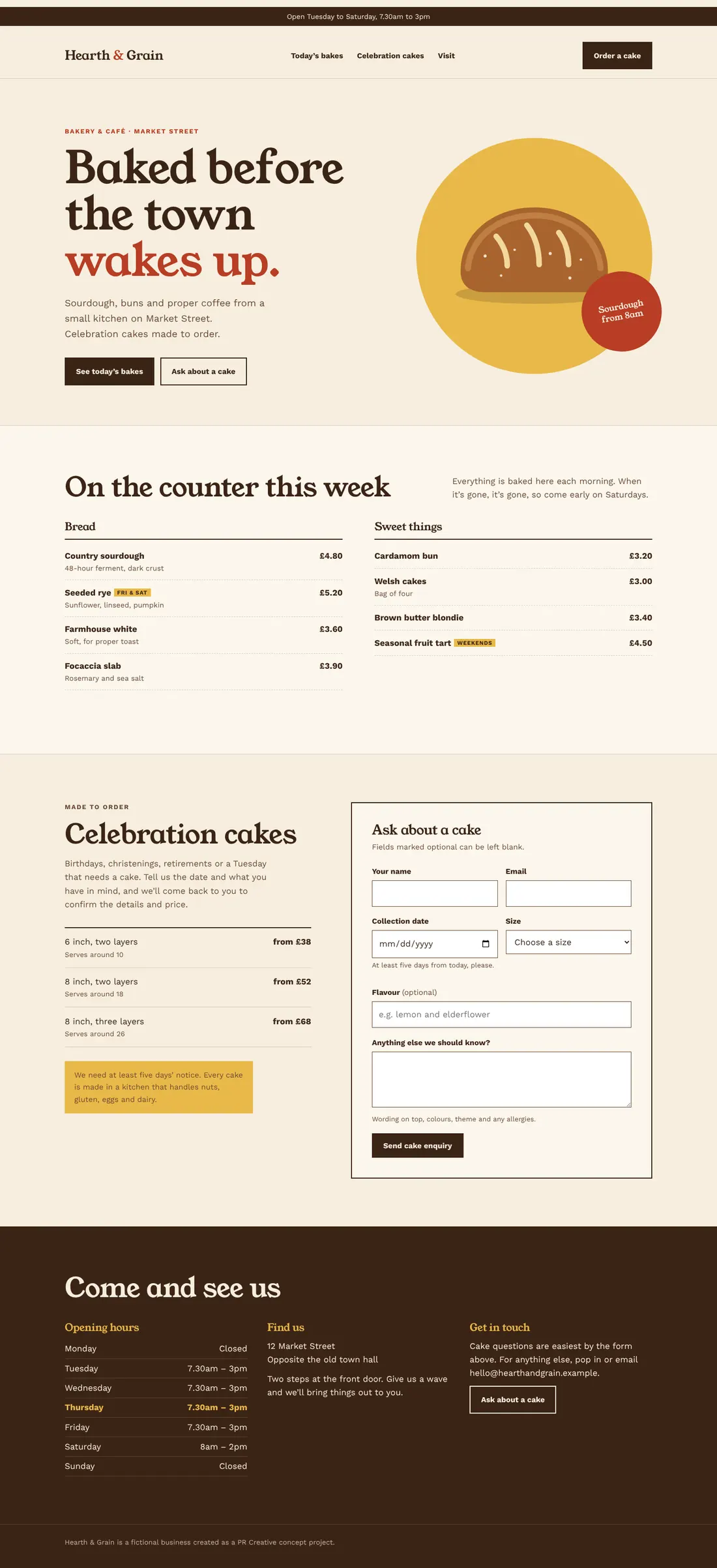 Full-length screenshot of the Hearth & Grain concept homepage