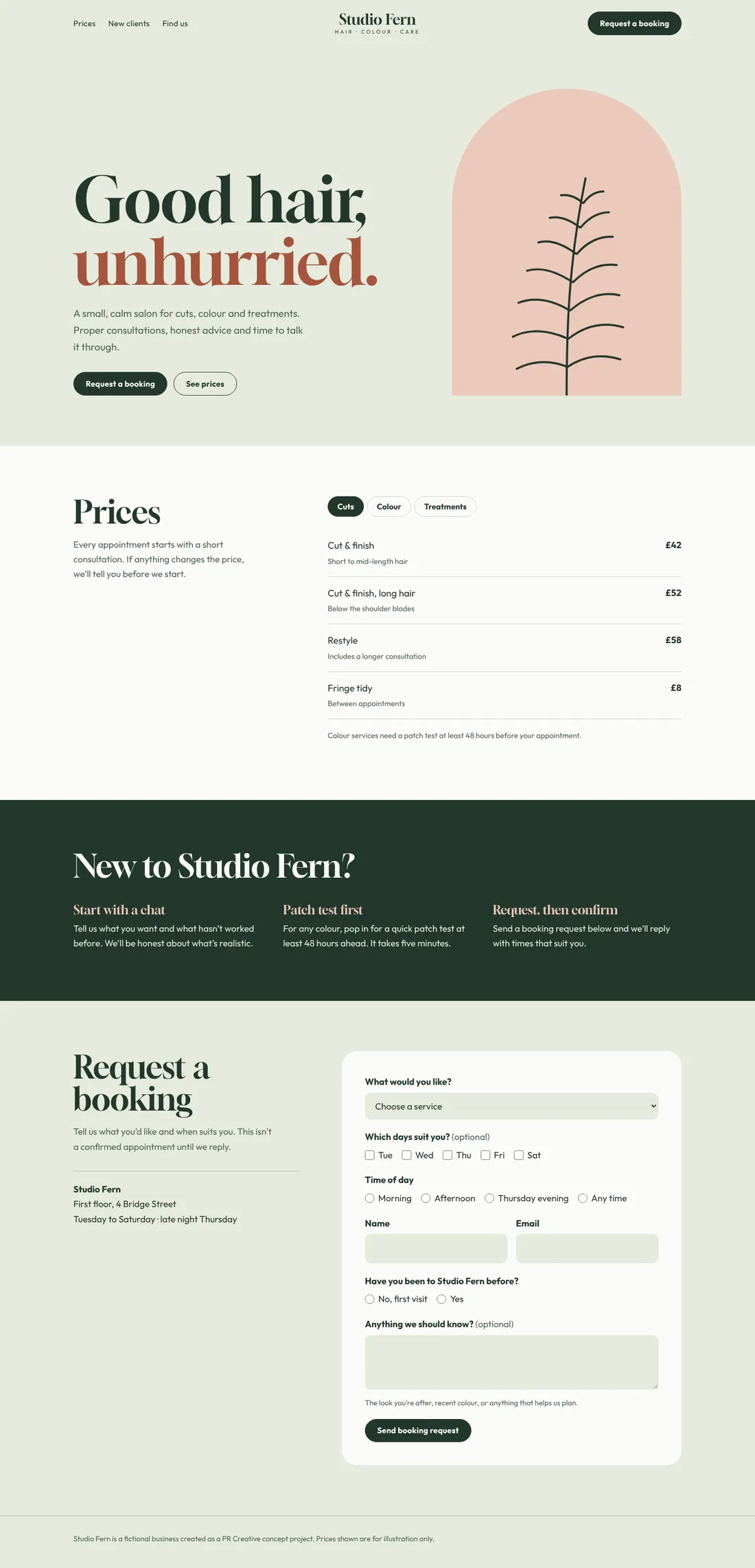 Full-length screenshot of the Studio Fern concept homepage